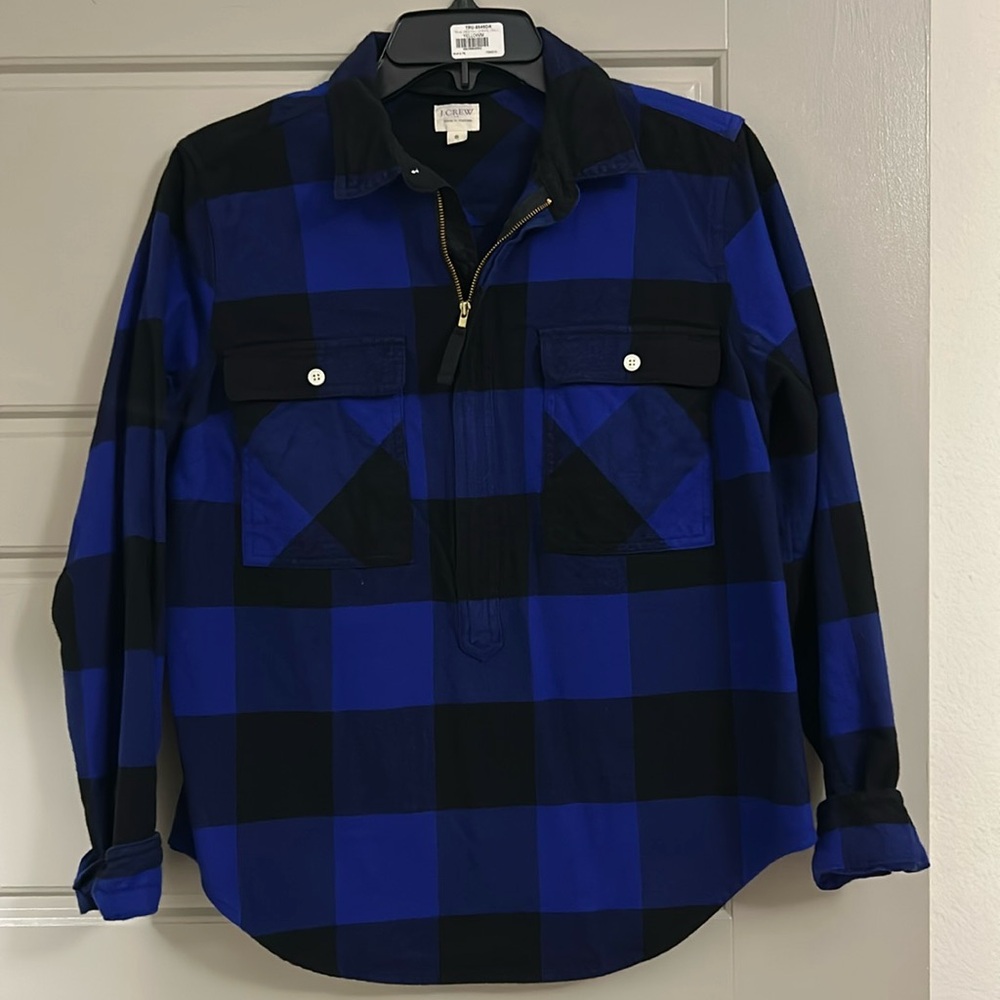 J. Crew Royal Blue Buffalo Check Zippered Flannel Popover
